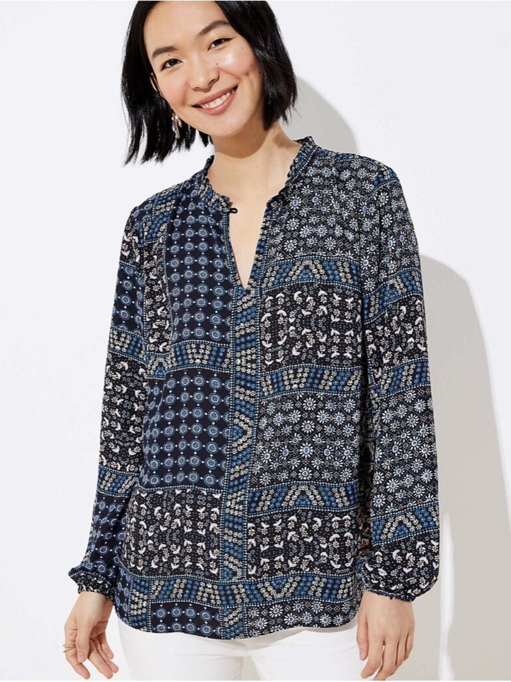 LOFT Patchwork Back Peplum Long Sleeve Blouse Blue Multi Sz Medium 523742